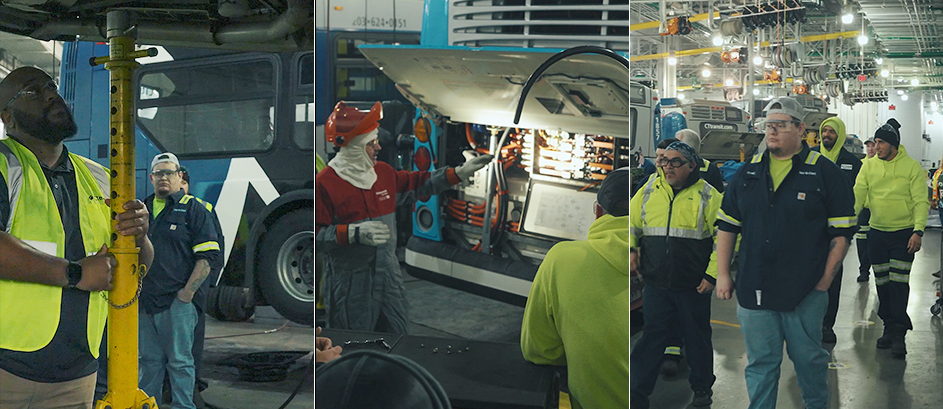 A collage of technicians working in the  workshop.