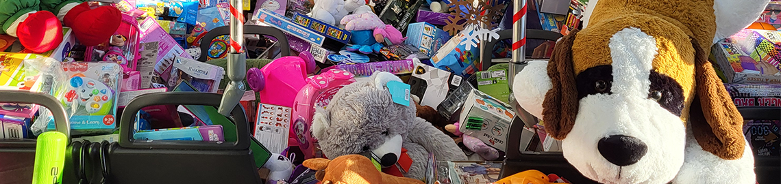 An assortment of toys fill the seats of a CTtransit bus. 