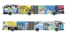 Two renderings of CTtransit buses wrapped in imagery of newspaper clippings, vintage advertisements, slogans, logos, and more.