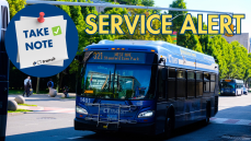 Text reads "TAKE NOTE: Service Alert" with a photo of a CT transit bus